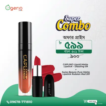 Lipstick Combo 1: Caplino Liquid Matte Lipstick + Swiss Beauty Pure Matte Lipstick (Russian Red 201 + – Dazzling 09)
