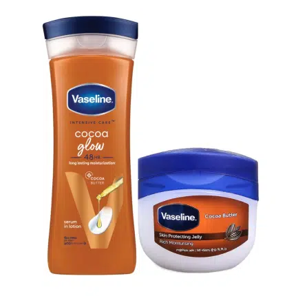 Vaseline Intensive Care Cocoa Glow Serum In Lotion & Cocoa Butter Petroleum Jelly Combo – 200ml + 50ml